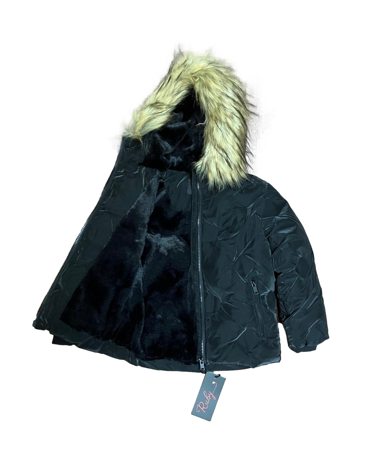 Kids' Black Pressed Winter Jacket with Faux Fur Trimmed Hood, girls black faux fur hood jacket, kids pressed winter coat, boys black winter jacket faux fur