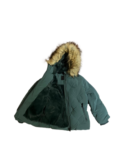 Kids' Black Pressed Winter Jacket with Faux Fur Trimmed Hood, girls black faux fur hood jacket, kids pressed winter coat, boys black winter jacket faux fur
