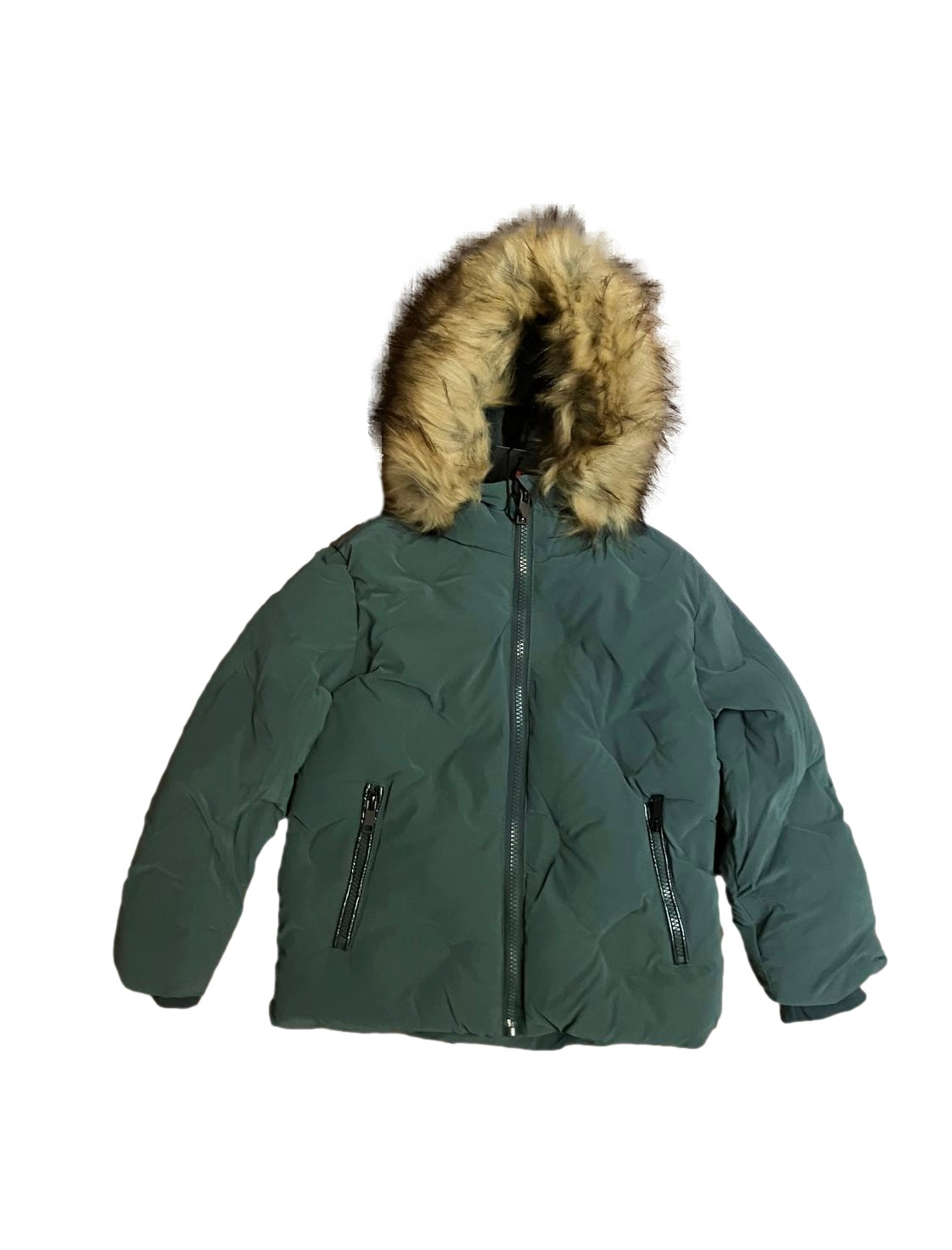 Kids' Black Pressed Winter Jacket with Faux Fur Trimmed Hood