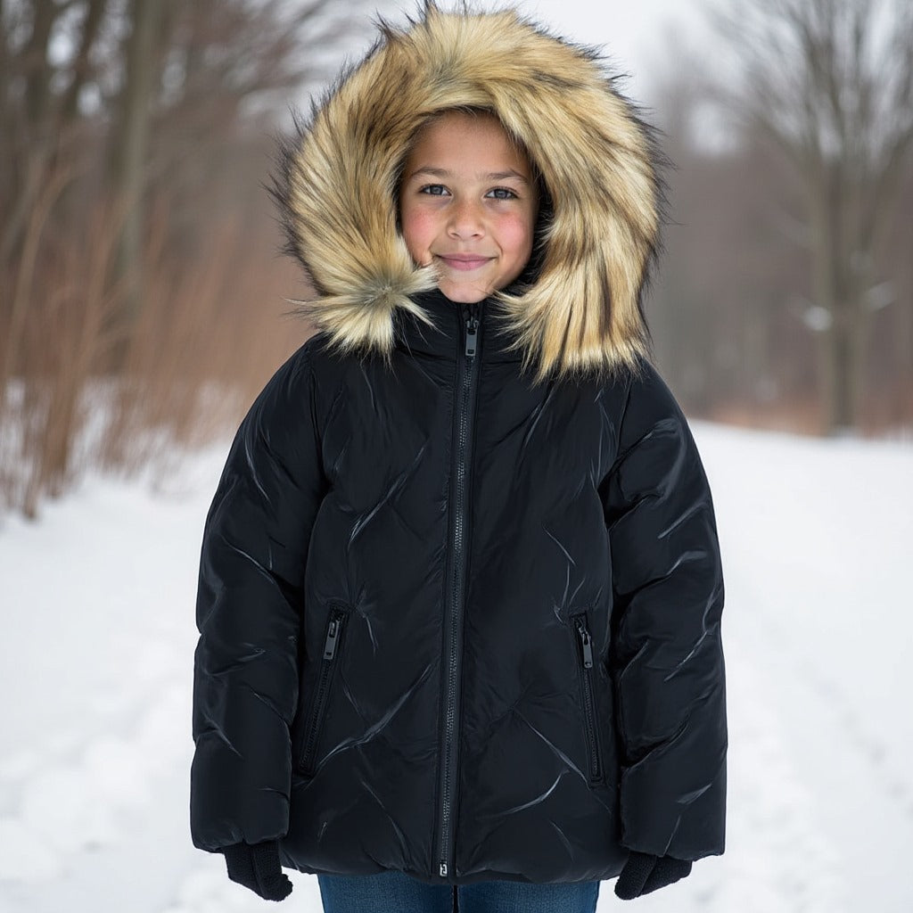 Kids' Black Pressed Winter Jacket with Faux Fur Trimmed Hood, girls black faux fur hood jacket, kids pressed winter coat, boys black winter jacket faux fur