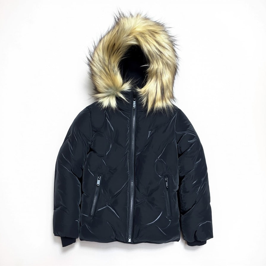 Kids' Black Pressed Winter Jacket with Faux Fur Trimmed Hood, girls black faux fur hood jacket, kids pressed winter coat, boys black winter jacket faux fur