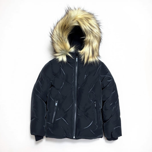 Kids' Black Pressed Winter Jacket with Faux Fur Trimmed Hood, girls black faux fur hood jacket, kids pressed winter coat, boys black winter jacket faux fur
